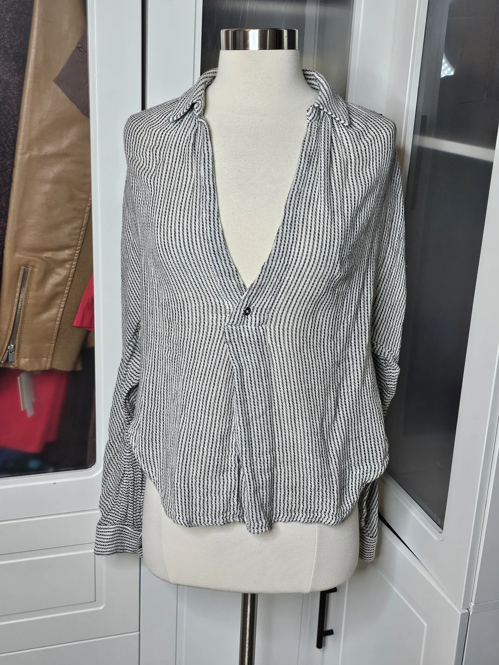 Free People Lightweight Black & White Striped Button-Front Women's Top